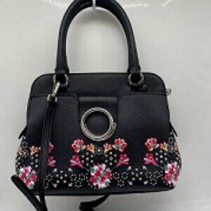 P656-Calvin Klein Black Floral Satchel Shoulder Bag